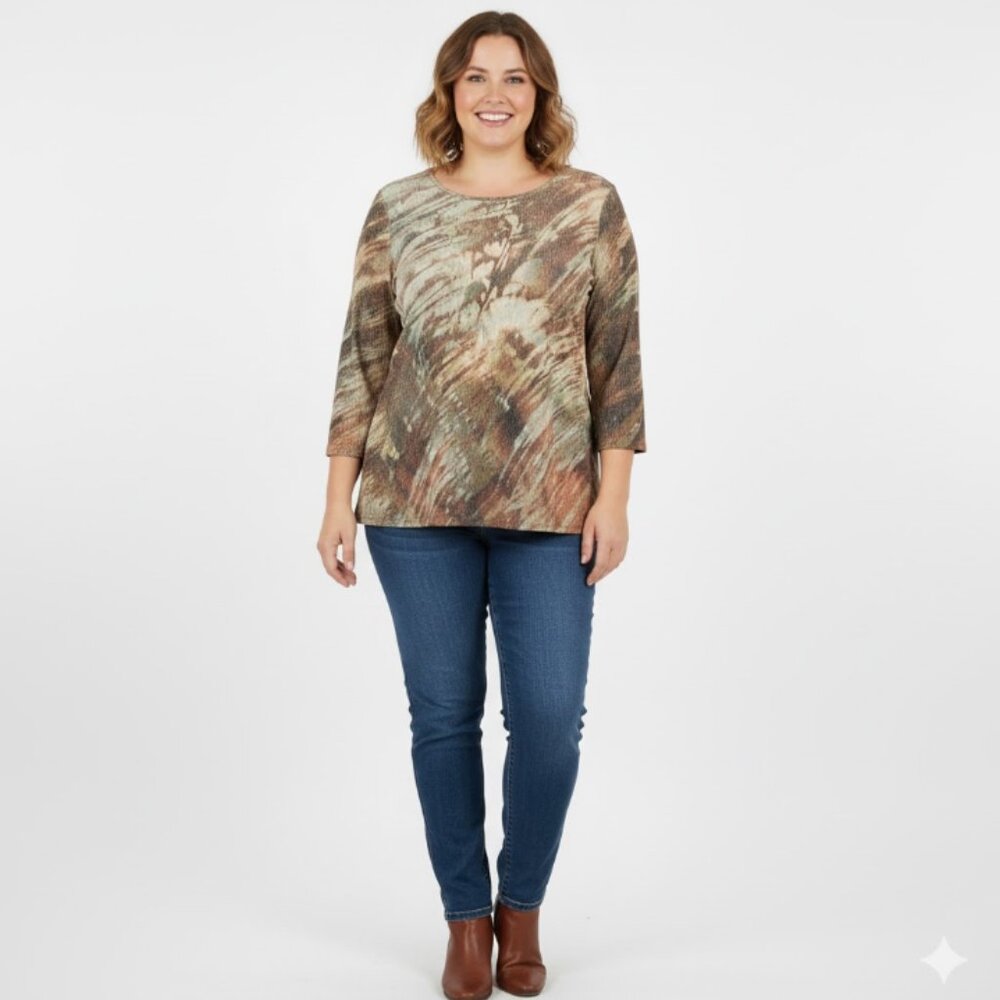 Coldwater Creek size 1X Brown Abstract Stretch Crinkle‎ Textured 3/4 Sleeve Top